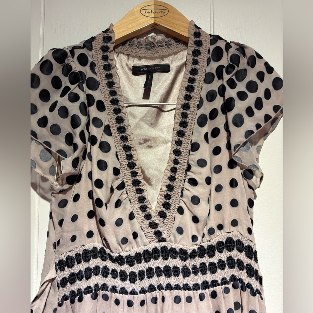 BCBG Max Azria tan black dot ombré silk blend dress small 90’s y2k